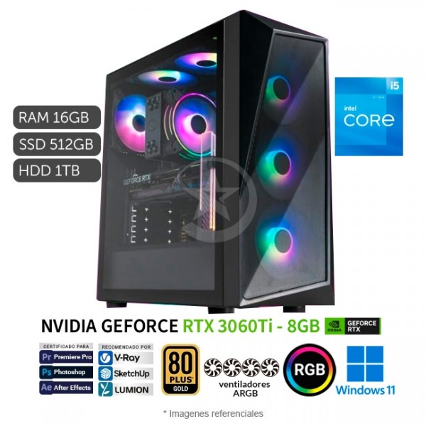 PC MAGIC Katana X20 Gaming, Core i5-12400F 2.5 GHz, RAM 16GB, SSD 512GB + HDD 1TB, &#8206;Video 8GB NVIDIA RTX 3060Ti, Wi-Fi, Bluetooth, Windows 11 Pro